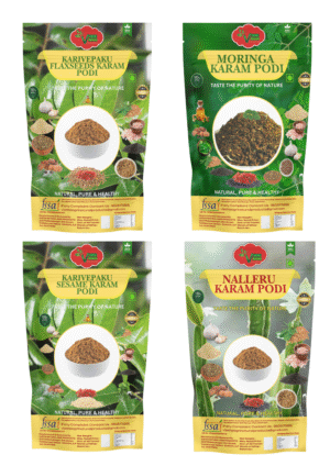 Nalleru Karam Podi 150g + Moringa Karam Podi 150g + Karivepaku Flaxseeds Karam Podi 150g + Karivepaku Nuvvula Karam Podi 100g