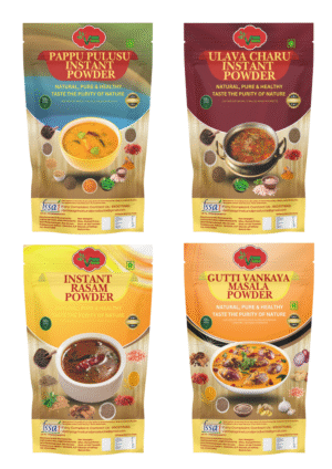 Pappu Pulusu Instant Powder 100gm + Ulava Charu Instant Powder 100gm + Instant Rasam Powder 100gm + Gutti Vankaya Instant Curry Powder 100gm