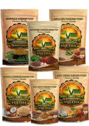Munagaku Karam Podi + Nalleru Karam Podi + Nuvvula Kobbari Karam Podi +  Idly Dosa Karam Podi + Dry Nut Seed Karam Podi + Karivepaku Flaxseed Karam Podi ( Each 100gm )